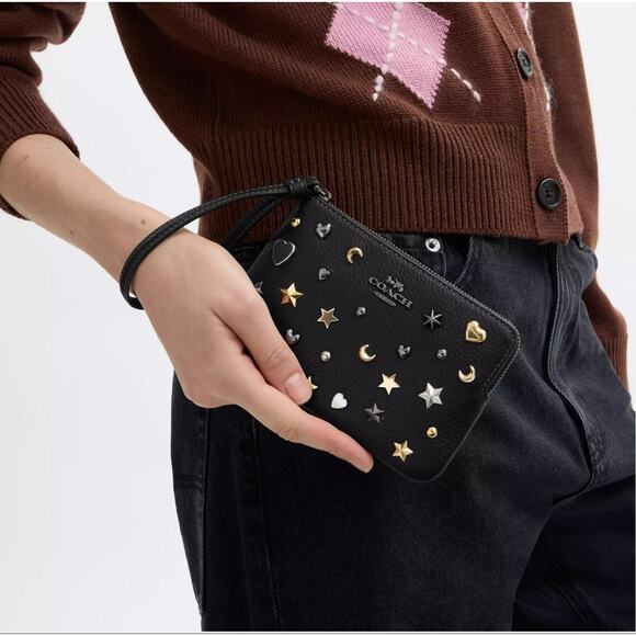 NWT Coach CCJ75 Corner Zip Wristlet Rivets Gunmetal/Black Multi Pebble Leather - Picture 4 of 6